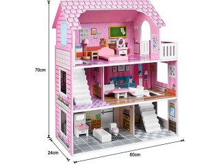 LARS360 Pink Dollhouse Wooden Large Dollhouse
