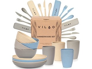 VILAO Crockery Set for 4 People - Reusable Recyclable - Plastic Cups Plate Bowls Cutlery