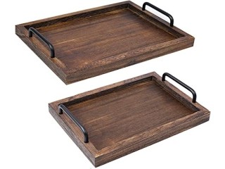 LIBWYS Wooden Serving Tray with Handle, Pack of 2 Decorative Rectangular Wooden Serving Tray for Breakfast