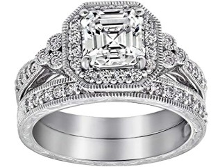 Amazon Collection Platinum or Gold Plated Sterling Silver Antique Ring set with Asscher