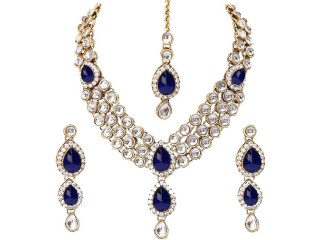 Shining Diva Kundan Traditional Necklace Jewellery Set with Earrings for Women (Blue) (8408s)