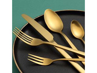 Gold Flatware Set with Knives, Forks and Spoons, Mirror Polished and Dishwasher Safe