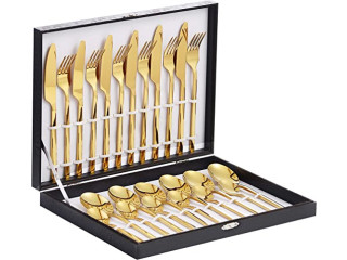 Velaze Table Cutlery Set for 6 People, 24-Piece Set in 18/10 Stainless Steel, Flatware Service 6 Spoons, 6 Forks, 6 Knives, 6 Tea Spoons - Gold (E24)