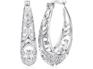 KRFY 925 Silver Hoop Earrings Round Textured Filigree Dangle Hoop Earrings for Women