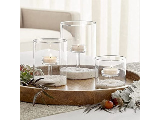 Set of 3 Decorative Glass Hurricane Cylinder Clear Votive Candle