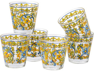 Set of 6 water glasses Colored Printed Sicily decoration in glass MADE IN ITALY Capacity 25 Cl.