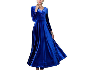GOTOTOP Women's Velvet V-Neck Long Dress High Waist Tunic Long Sleeve Elegant Evening Party Dress