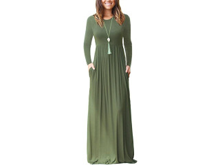 Estink Women's Casual Long Sleeve Round Neck Long Dress with Side Pockets