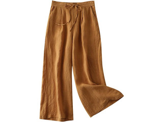 FTCayanz Women Loose Linen High Waist Pants Summer Wide Leg Pants with Drawstring