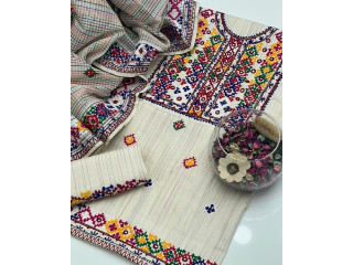Winter Most Demanded Article 3Pc Dress Khaddi Silk Sussi Aari Balochi Embroidery Gala, Daman Shirt. Khaddi Embroidery Trouser's