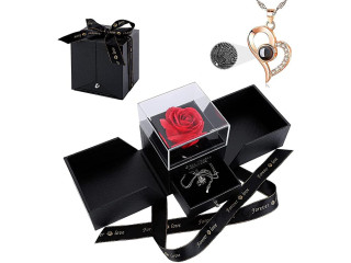 Arabest Handmade Preserved Rose Jewelry Box with Love You Necklace in 100 Languages Gift Set for Girlfriend Mother Wife on Anniversary Valentine's