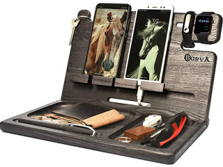 BarvA Wood Docking Station Tray Two Cell Phone Smartwatch Holder Men Charging Accessory Nightstand Father