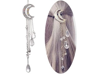 Hair Clips for Women Romantic Rhinestone Crescent Moon Star Crystal Beads Tassel Drop Hair Pins