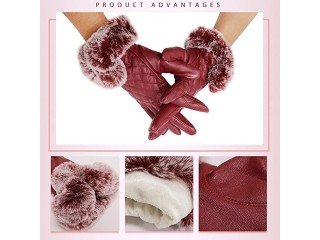 Lady Gloves with Plush Edge Winter Long Gloves to Protect the Arm Warm Windproof Outdoor Gloves Leather Gloves for Woman Clothing Accessories (Red)