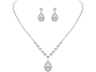 Jakawin Bride Silver Bridal Necklace Earrings Set Crystal Wedding Jewelry
