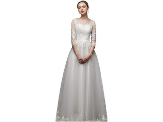 Women's Crew Neck Long Sleeves Wedding Dress Lace Embroidered Adjustable Prom Gown Beautiful (White US) سعيدة