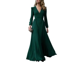 RIOXS Womens Elegant V Neck Long Dress Long Sleeve Party Wedding Maxi Dress For Special Occasions