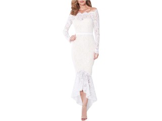 Wedding Guest Dresses for Women Long Fancy Cutout Dressplus Size Formal Long Sleeve Wedding Party Dress (White,Large)