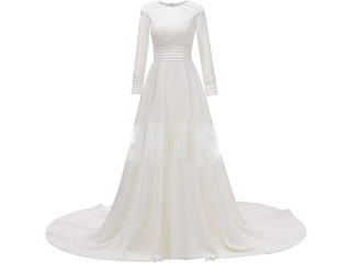 LAZUN Dresses for Teens Simple Long Sleeve O Neck Pleated Satin Vintage Muslim Wedding Bridal Dress Bridal White Wedding Dress