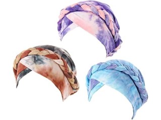 Womens Printed Turban Hat Head Wraps Covers Chemo Cancer Beanies Cap Headwear, Tie-Dye Short Braid Chemo Wrap Cap (3PCS)