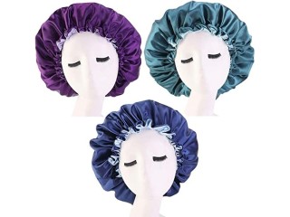 HiDear 3 Pieces Satin Bonnet Adjustable Silk Bonnet Elastic Satin Sleep Hat Shower Caps Hair Bonnet for Women Curly Hair Nightcap, (3 Colors)
