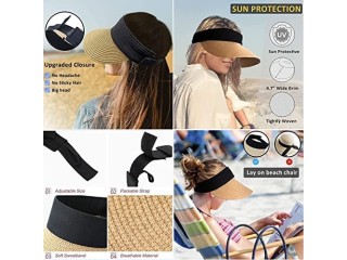 Women's Sun Visor Hats Summer Wide Brim Beach Straw Hats Adjustable Large Brim Cap Golf Hat for Women(Khaki)
