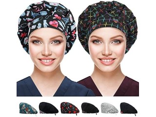 ABAMERICA Bouffant Caps with Button and Sweatband,Adjustable Working Hats for Women Men,One Size Fits All