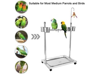 Occuwzz Metal Bird Feeder Stand Adjustable Height Rolling Bird Perch Play Stand Parrot Playstand with Universal Wheels and Feeding Bowls