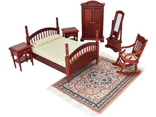 ILAND Vintage Dollhouse Furniture 1/12 Scale, Dollhouse Bedroom Furniture in Mahogany Color incl Dollhouse Bed & Mirror Full Length