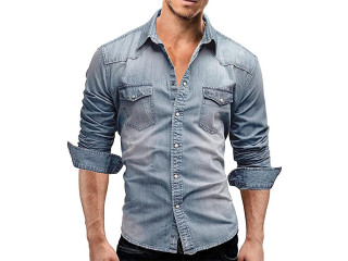 ROAISS Men'S Fashion Denim Shirt Classic Lapel Long Sleeve Shirt Light Breathable Button Closure Coat Casual Double Pocket Shirt