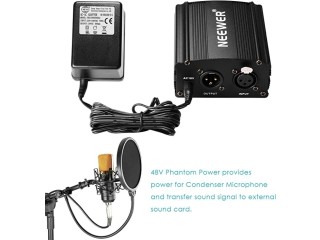 1-Channel 48V Phantom Power Supply Black with Adapter and One XLR Audio Cable for Any Condenser Microphone Music Recording Equipment