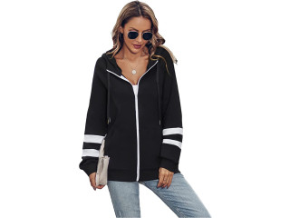 Womens Casual Fashion Active Long Sleeve Stripe Zip Up Hoodies Pullover Pocket Hooded Sweatshirts Jackets