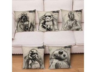 ZHAOCC Cushion Cover Set of 5 Linen Cushion Cover Star Wars Printing Square Lattice Home Decoration 45 x 45 cm