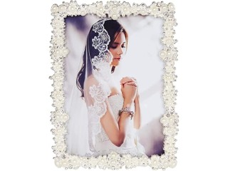 Joumoswk Photo Frame 20 x 25 cm for Wedding or Decoration, Silver Plated Bead Photo Frame with High Definition Glass Frame