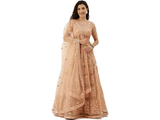 Fast Fashions Women's Chain Stitch Semi Stitched Net Lehenga Choli (Peach_Free Size), Peach, One Size