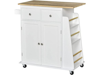 LOUYK Rolling Kitchen Island Storage Trolley Cart with 3-Tier Spice Rack & Rubber Wood Top for Dining Room White (Color : White, Size : 89x45x89.5cm)
