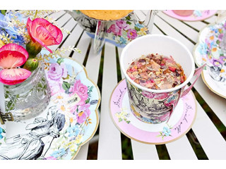 Alking Tables Truly Alice Alice in Wonderland Mad Hatter Party Cup Set with Handle and Saucers in 3 Designs for a Tea Party or Birthday