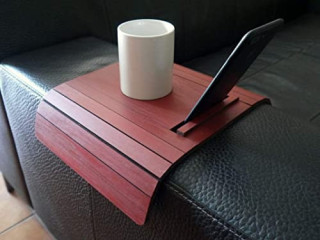 Wooden sofa armrest table with phone and tablet stand in many colors as bordeaux red Small flexible over the couch side tables