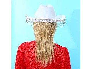 FEESHOW Womens Diamond Fringe Cowgirl Hat Cowboy Hats Western Brim Hat Bridal Party Hat