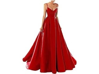 Yhfshop Fashion Long Evening Dress,Sexy V-Neck Spaghetti Strap Satin Evening Dress,big red J,US4,Formal Long Evening Party Dress