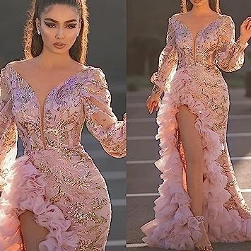 womens-evening-dress-pink-sexy-deep-v-neck-bodycon-mesh-slit-sequin-party-prom-formal-gown-big-1