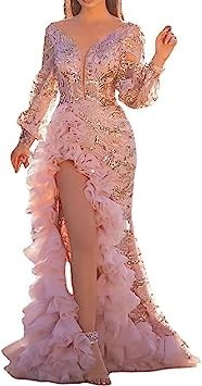 womens-evening-dress-pink-sexy-deep-v-neck-bodycon-mesh-slit-sequin-party-prom-formal-gown-big-3