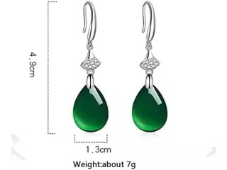 Vintage Natural Emerald Jade Chalcedony Woman Earrings