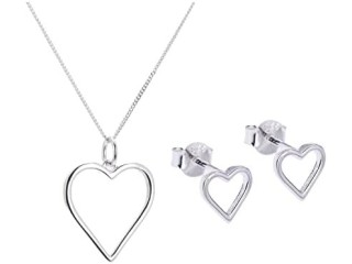 Jewellerybox Sterling Silver Open Heart Stud Earrings & Necklace Set 14-28 Inches