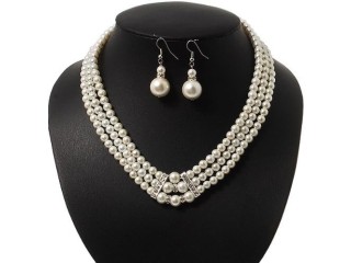 Avalaya 3-Strand Simulated Glass Pearl Necklace & Drop Earrings Set In Silver Plated Metal - 45cm L