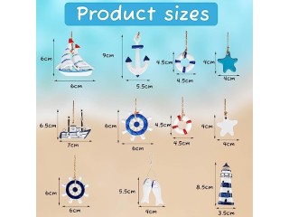 22 Pieces Wooden Nautical Hanging Nautical Christmas Ornaments Beach Decorations for Home Anchor Life Ring Sea Star