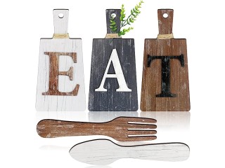 Cutting Board Eat Sign Set Hanging Art Kitchen Eat Sign Fork and Spoon Wall Decor