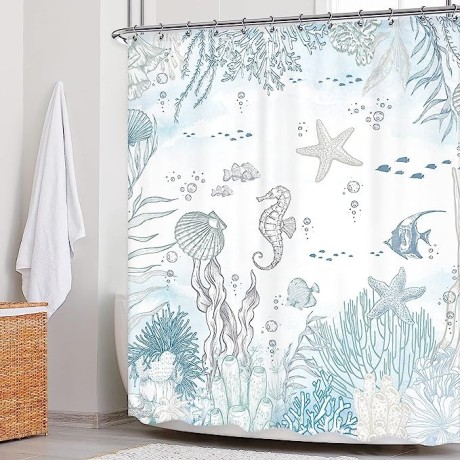 newsely-nautical-coastal-shower-curtain-60wx72h-inch-coral-seashell-beach-ocean-starfish-undersea-shower-big-0