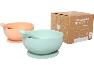 Silicone Suction Bowl and Spoon Matching 2 Pack Set in Light Green and Peach
