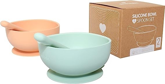 silicone-suction-bowl-and-spoon-matching-2-pack-set-in-light-green-and-peach-big-0